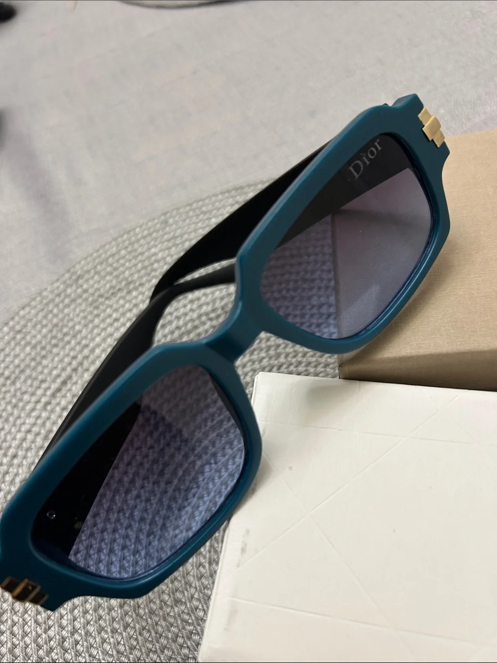 Dior Men's Teal Rectangular Sunglasses with Gold Accents